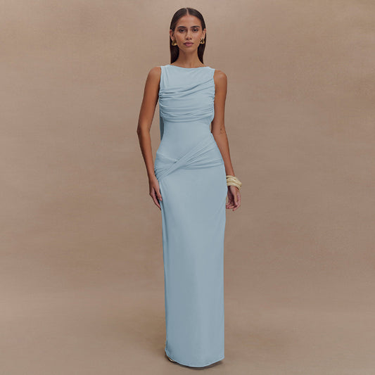 Round Neck Draped Backless Dress
