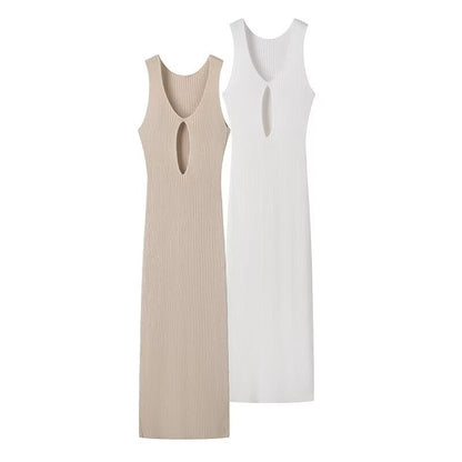 Slit V-neck Hollow Knitted Dress