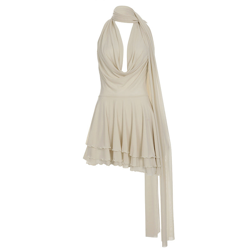 Deep V Swing Collar Halter Ribbon Dress