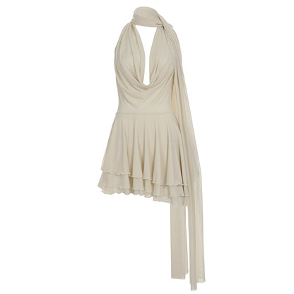 Deep V Swing Collar Halter Ribbon Dress