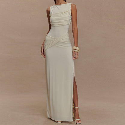 Round Neck Draped Backless Dress