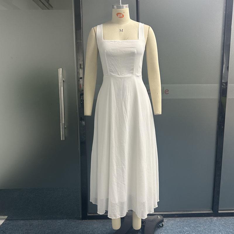 Square Collar Waist Solid Dress