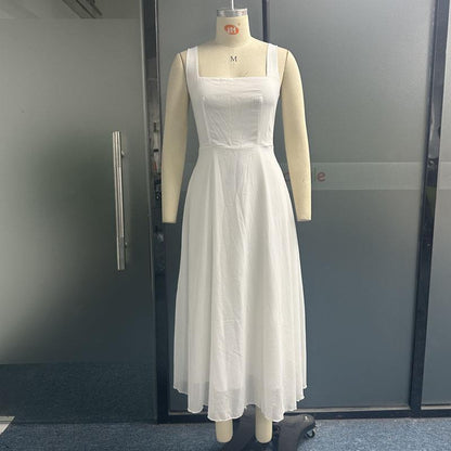 Square Collar Waist Solid Dress