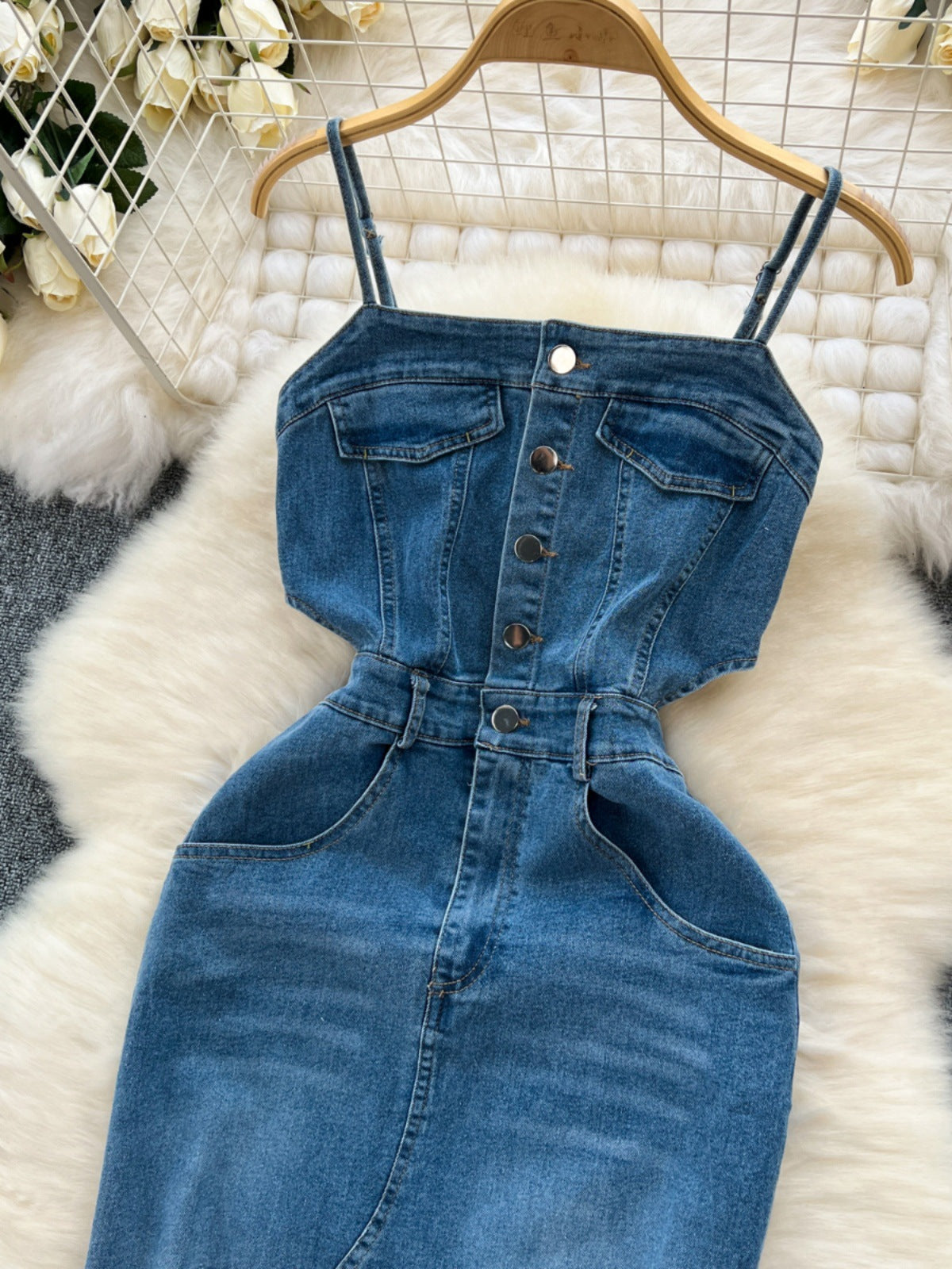 Retro Denim Dress With Frayed Hem Split