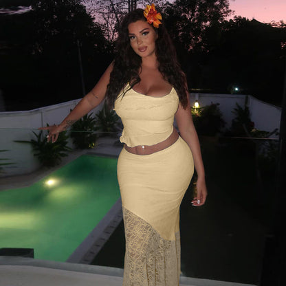 Lace Top and High Waist Skirt Two-piece Set