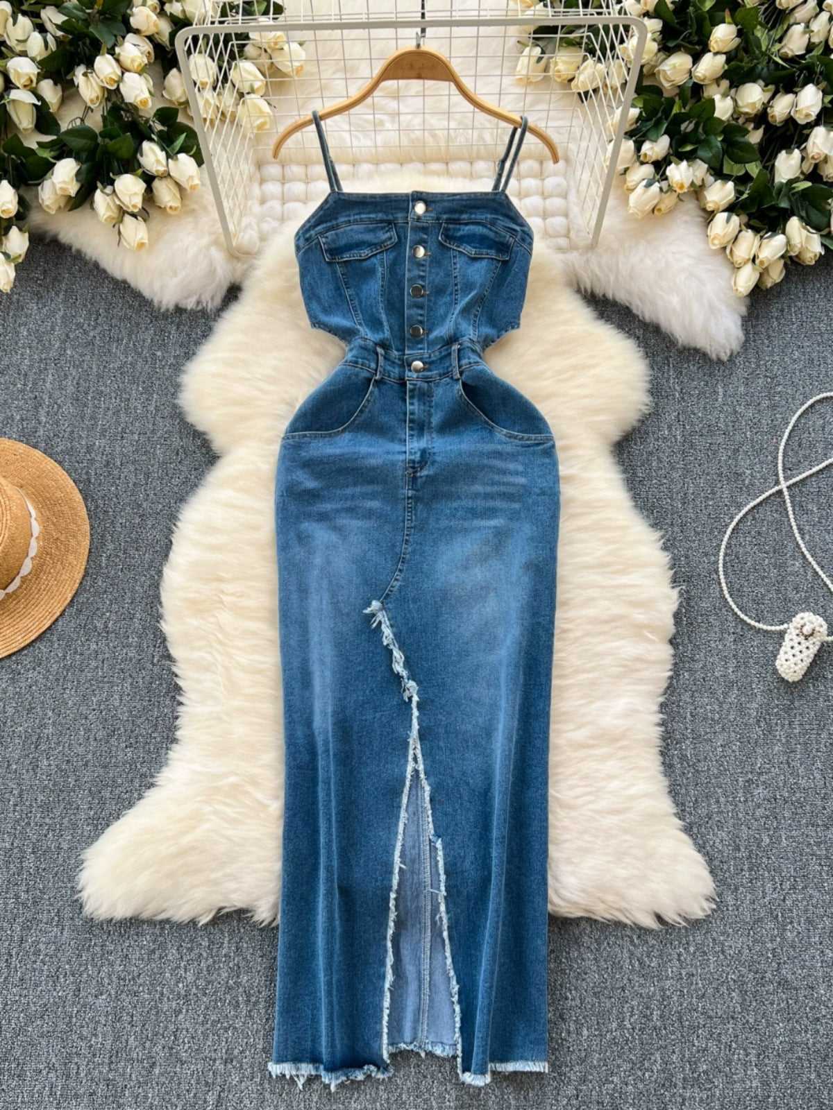 Retro Denim Dress With Frayed Hem Split