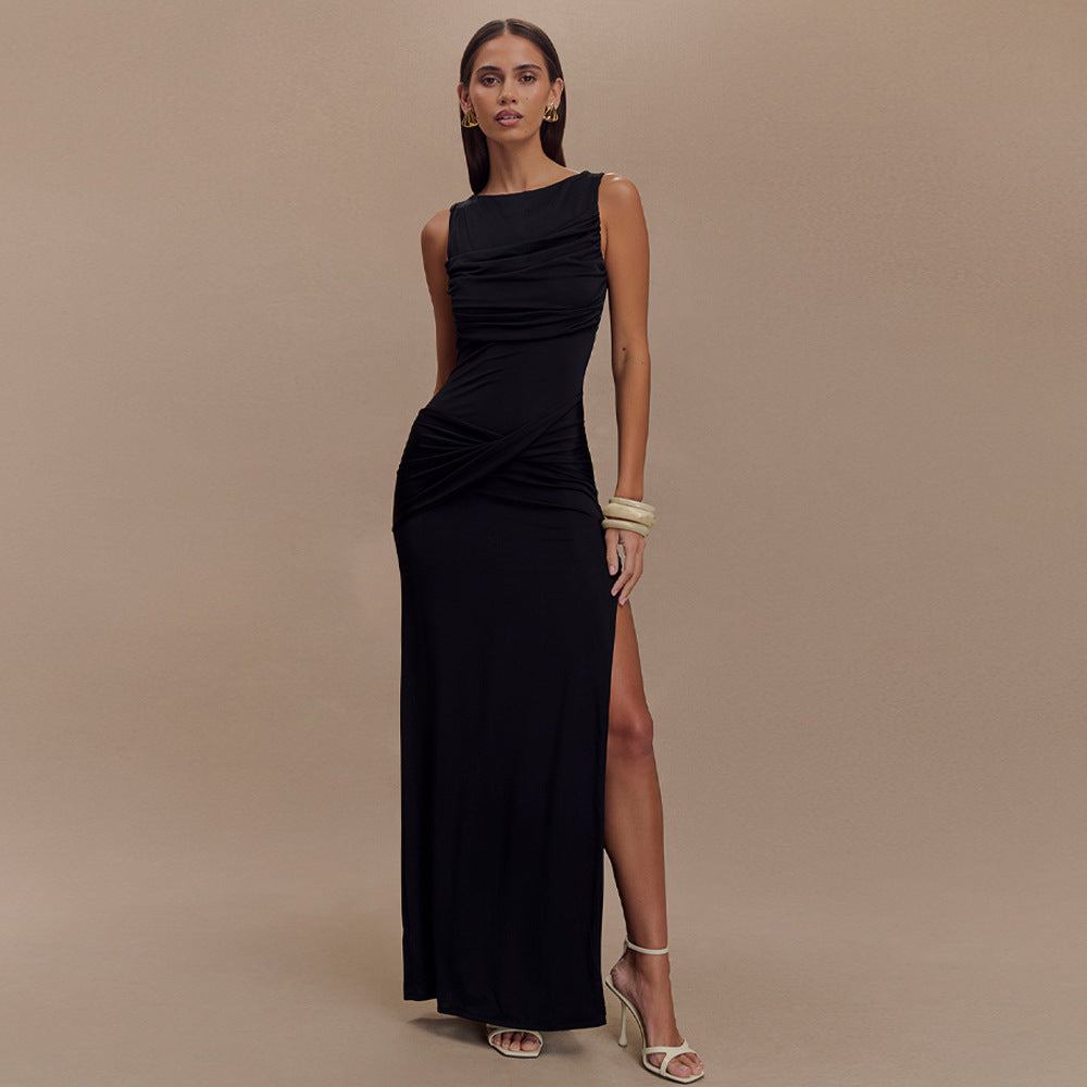 Round Neck Draped Backless Dress