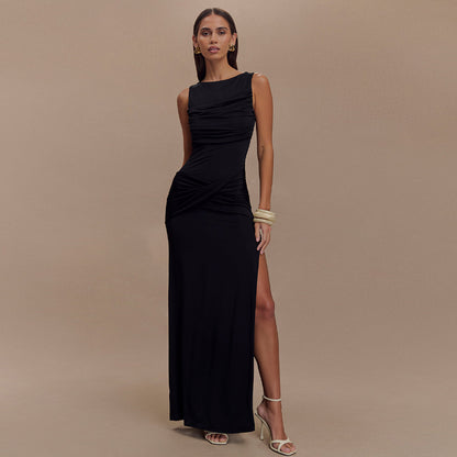 Round Neck Draped Backless Dress