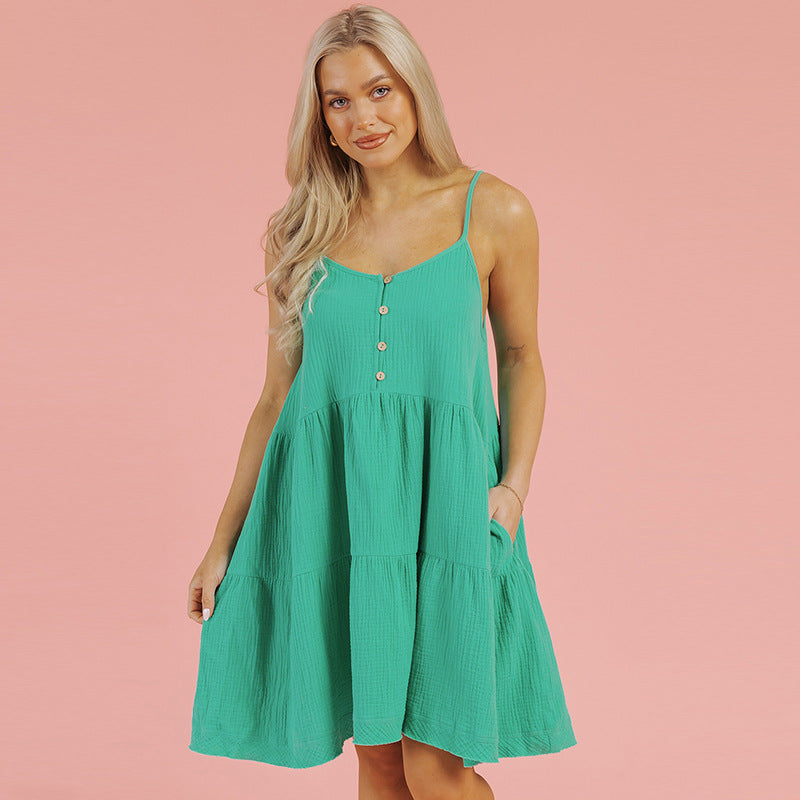 Solid Suspender Loose Casual Dress