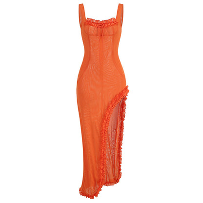 Lace Ruffle Slit Dress