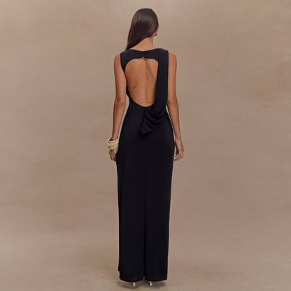 Round Neck Draped Backless Dress