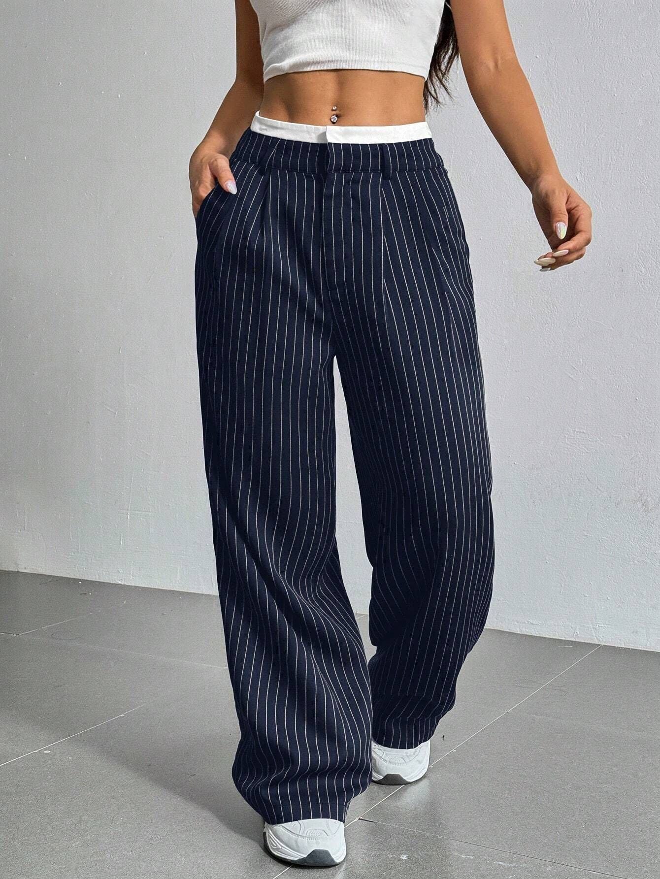 Stripe High Waist Straight Leg Trousers
