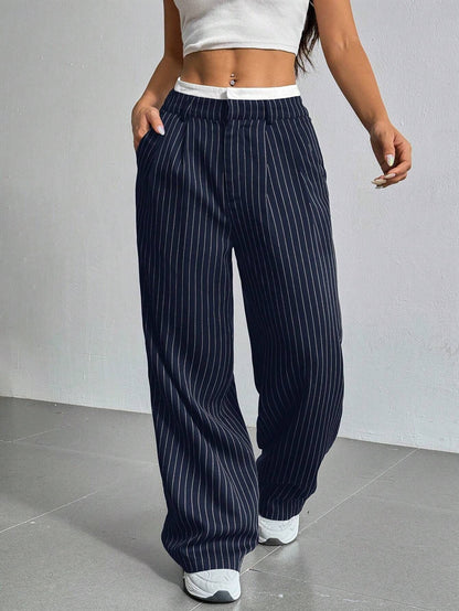 Stripe High Waist Straight Leg Trousers