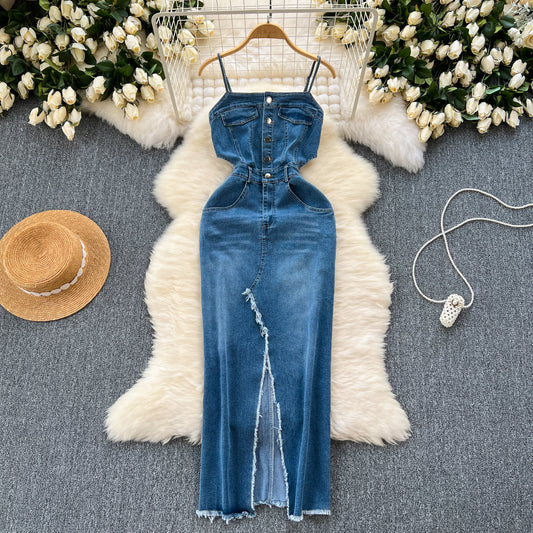 Retro Denim Dress With Frayed Hem Split