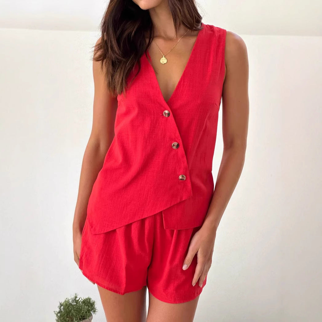 Solid Slanted Vest Shorts Set