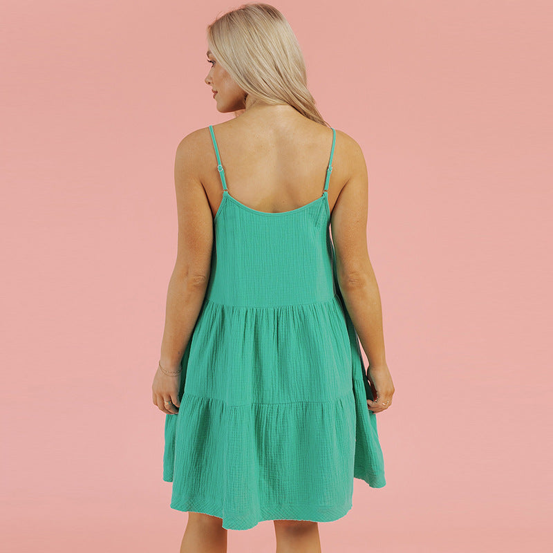 Solid Suspender Loose Casual Dress