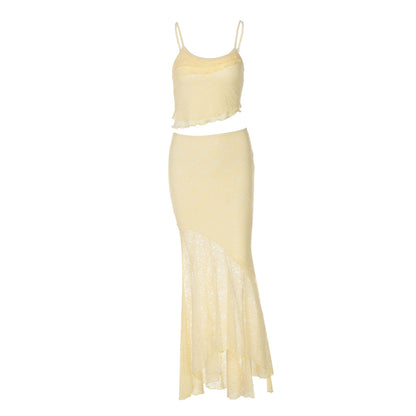 Lace Top and High Waist Skirt Two-piece Set