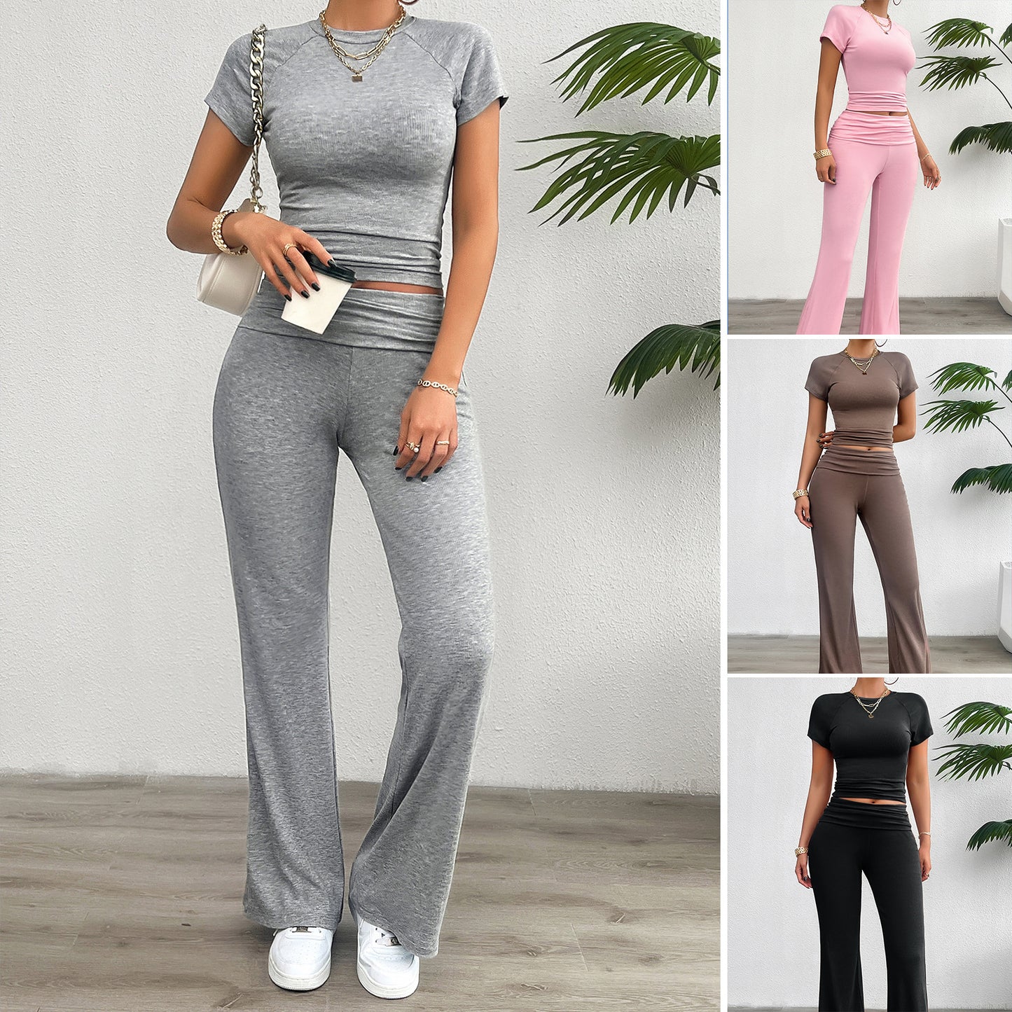 Solid Color Slim-Fit Short Sleeve Co-Ord Set
