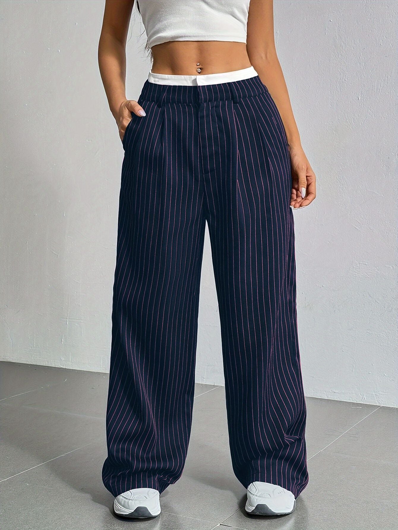 Stripe High Waist Straight Leg Trousers