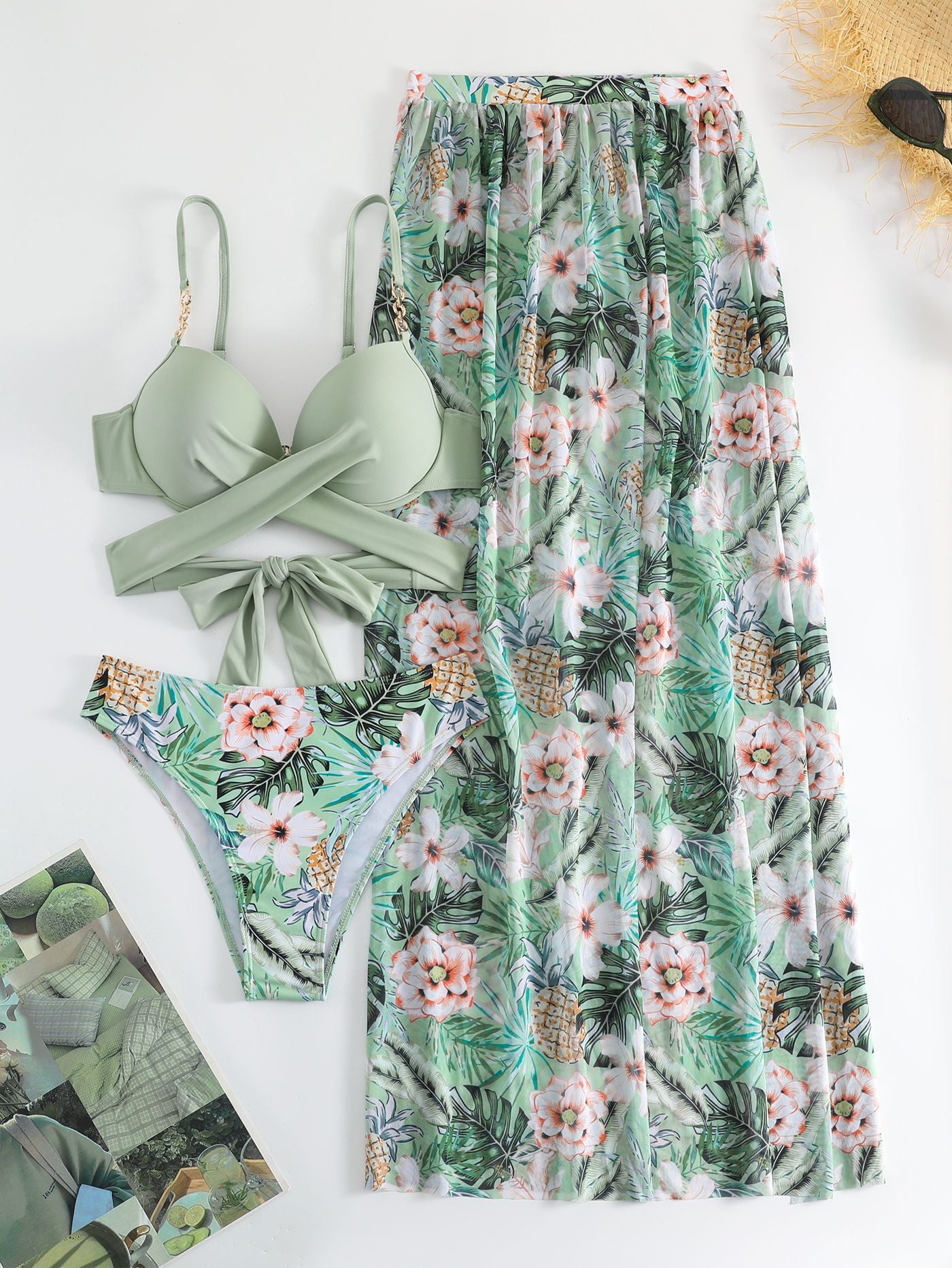 Printed Floral Bikini Three-piece Suit