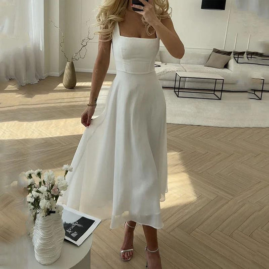 Square Collar Waist Solid Dress