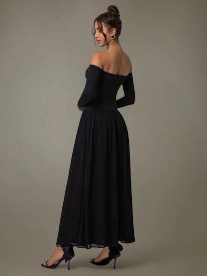 Back detail of long sleeve maxi dress with off-shoulder neckline and full skirt