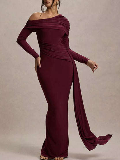 Burgundy off-shoulder gown for women on a model on plain background
