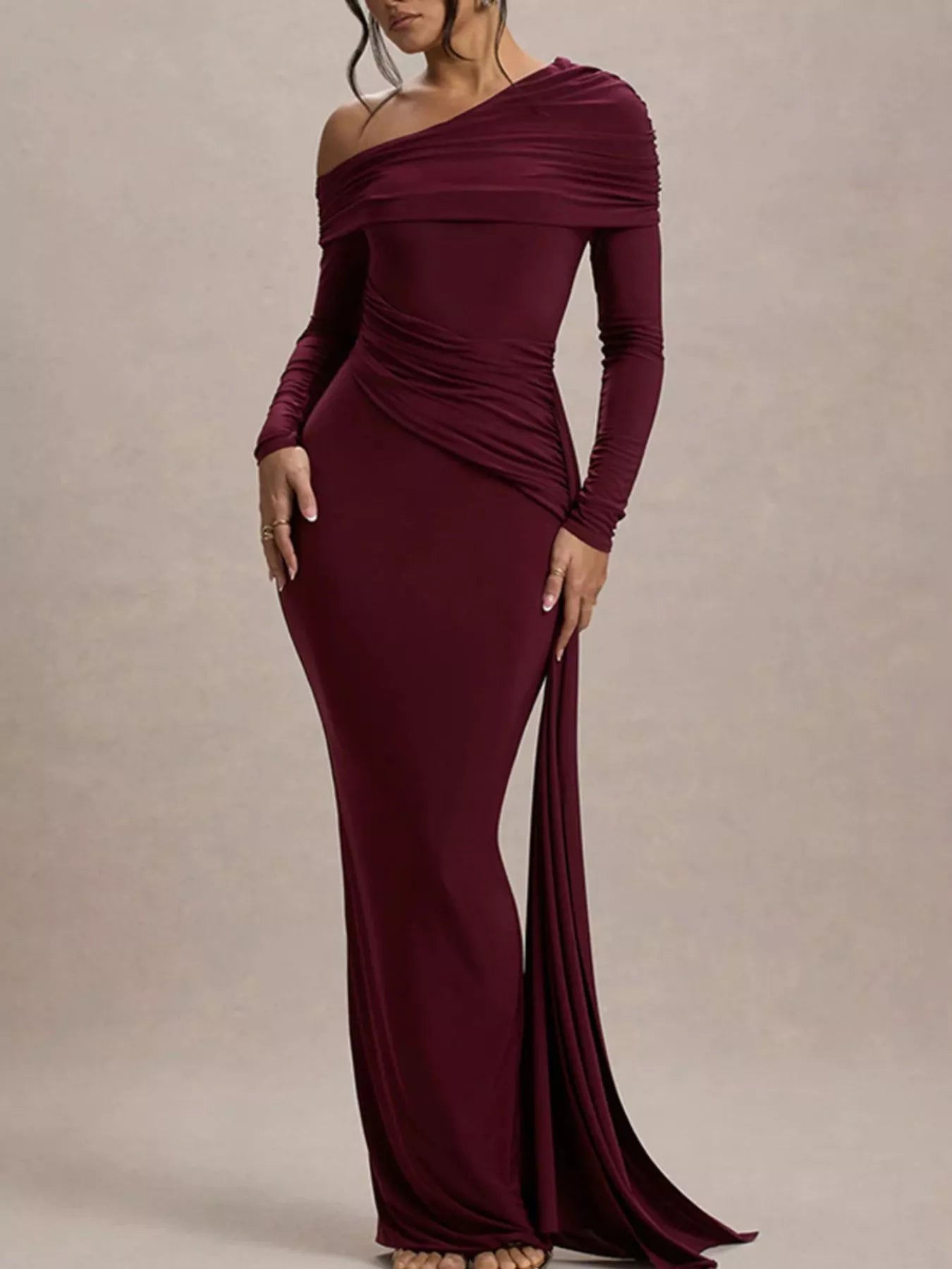 burgundy/red off shoulder long sleeve maxi dress with draping for women special occasion wear