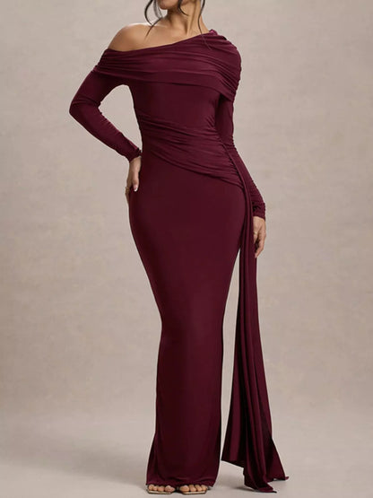 Burgundy one-shoulder evening gown on a neutral background for women 