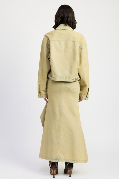 Back view of High-end oversized utility denim jacket neutral beige washed tone on model