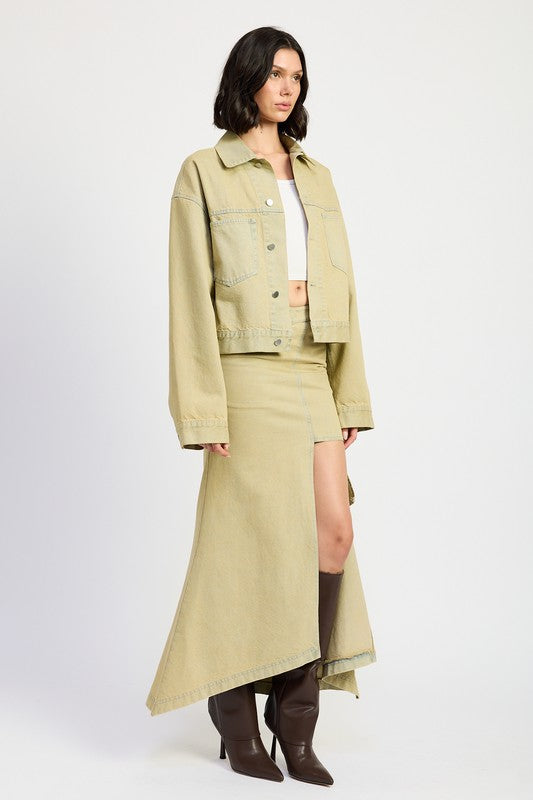 Woman wearing a Oversized sandstone beige denim button front jacket with denim maxi skirt with slit for women fashion