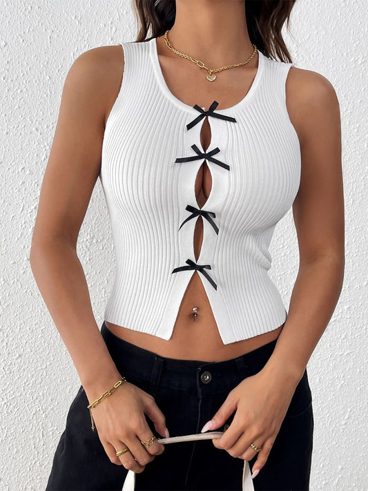 Perfee women's bow front round neck tank top in white