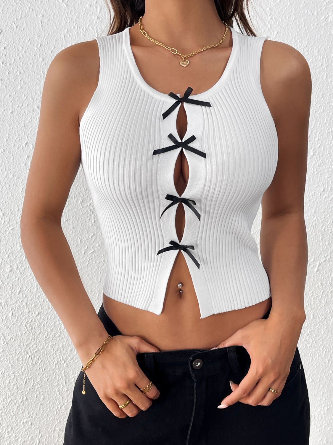 Casual summer sleeveless blouse with bow detail front view on model