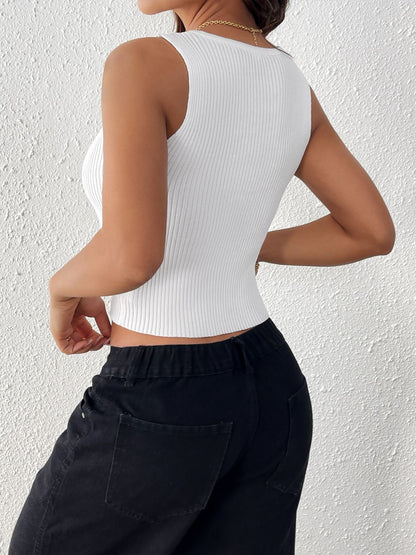 Model wearing women's bow front round neck tank top in white back view