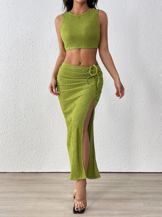 Model wearing Perfee Texture Cropped Tank and Ruched Skirt Set Front view