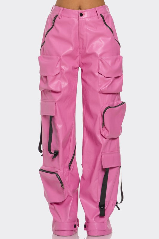 stylish women’s utility high waist wide leg leather  pants in bold pink 