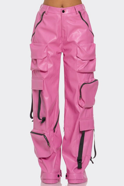 stylish women’s utility high waist wide leg leather  pants in bold pink 