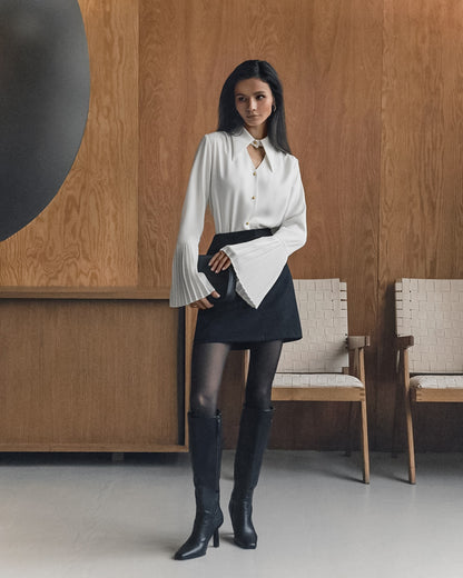 Pleated Sleeve Hollow-out Top