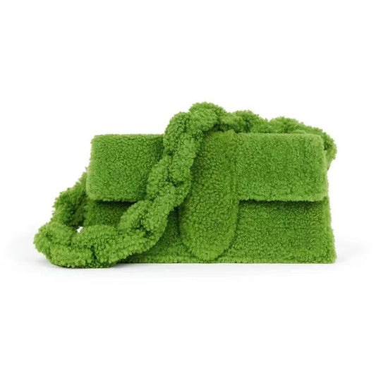 Bright green plush handbag with braided sherpa strap