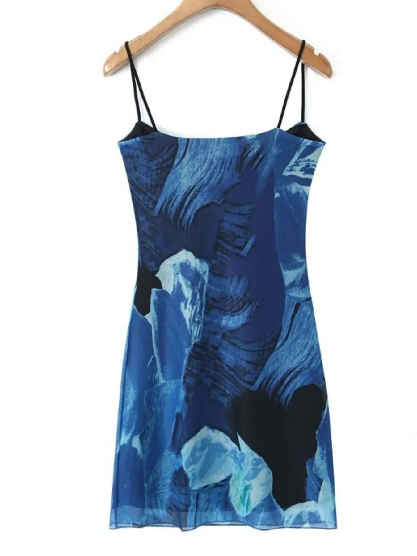 Blue mini cami dress with black straps on a hanger against a white background