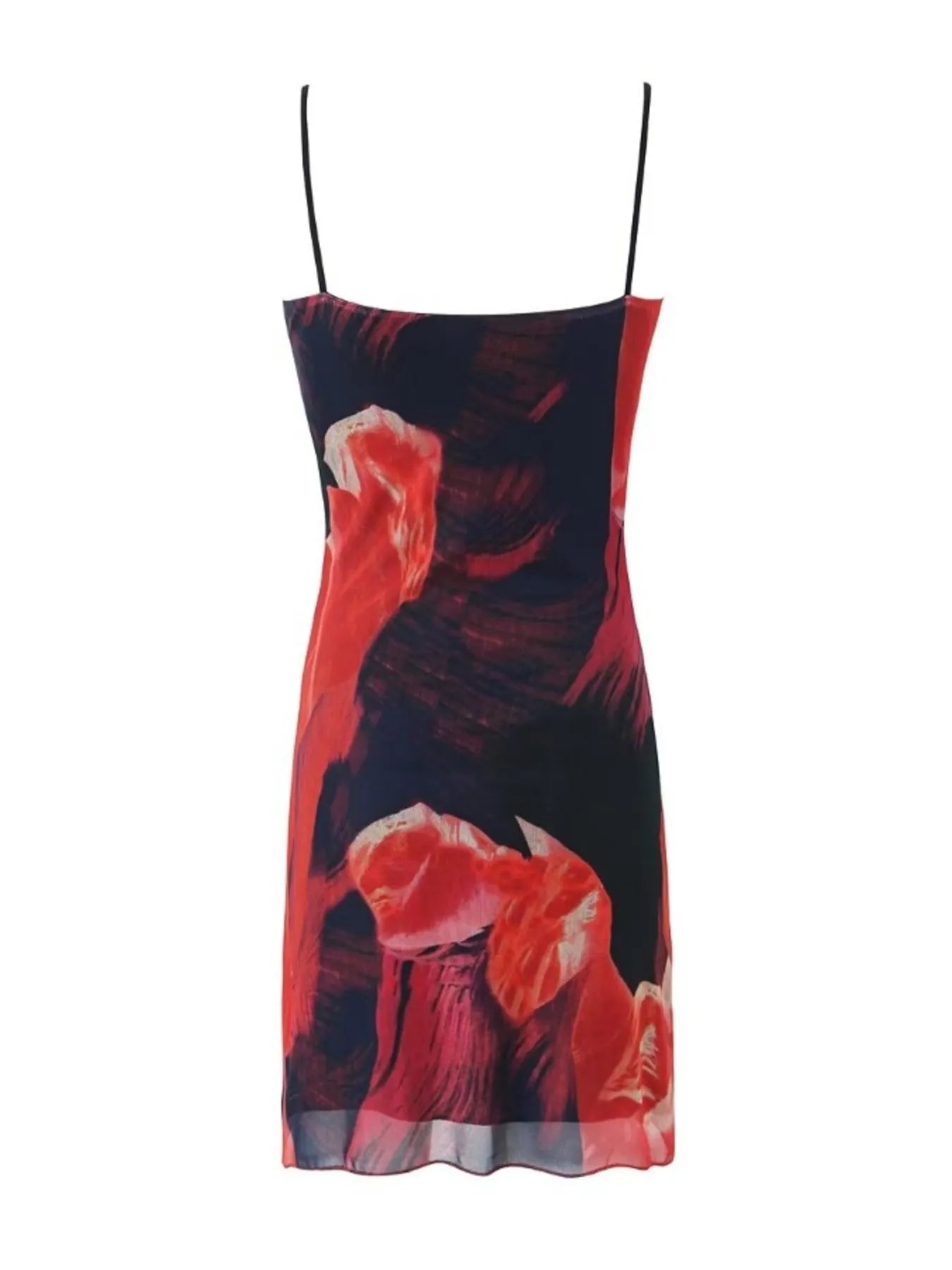Mini Cami Dress back view with red and black floral design on a white background