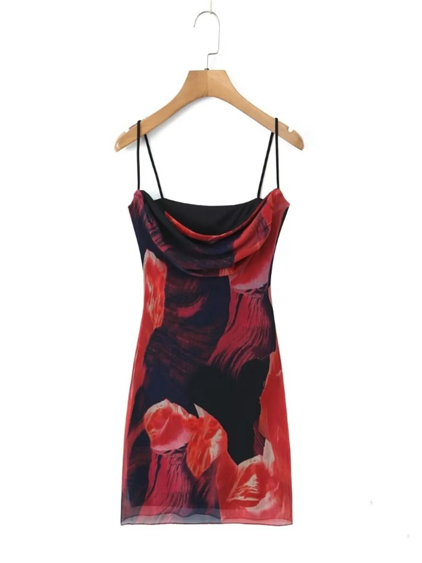Red and black floral cami mini dress on a wooden hanger against a white background