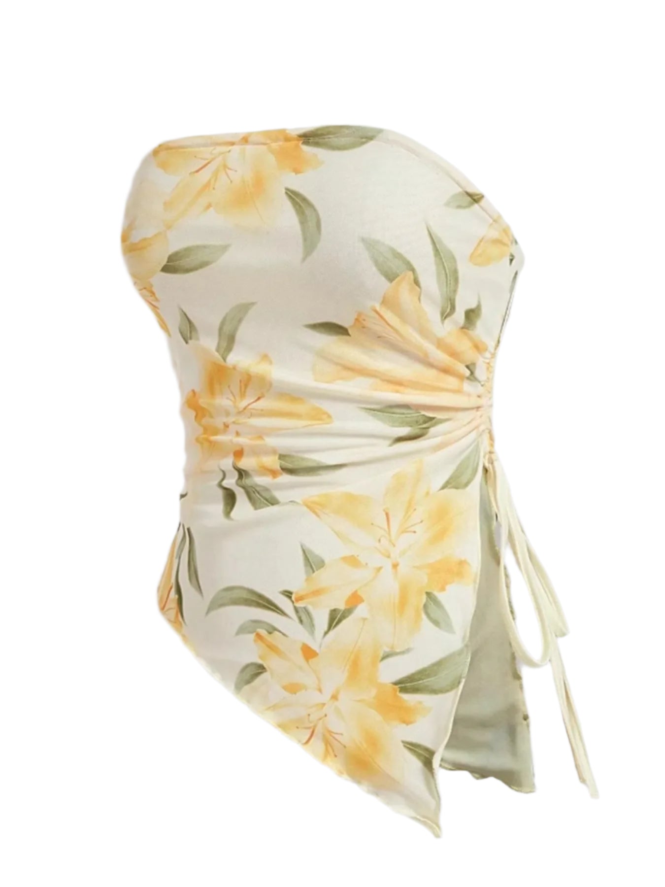 Floral strapless summer top with yellow flowers on a white background