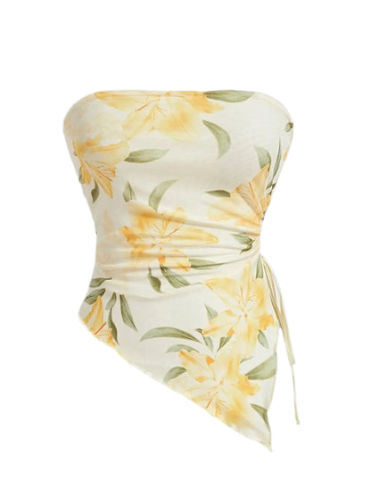 yellow and green floral strapless summer top on a white background
