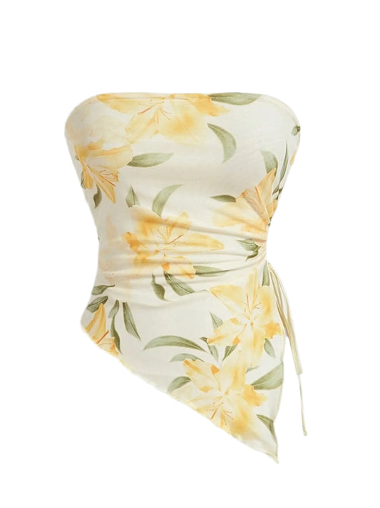 yellow and green floral strapless summer top on a white background