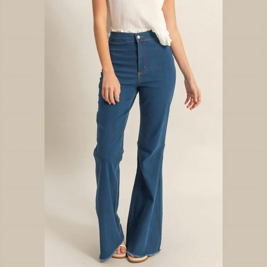 Raw Hem High-Waist Washed Flared Jeans Medium Wash