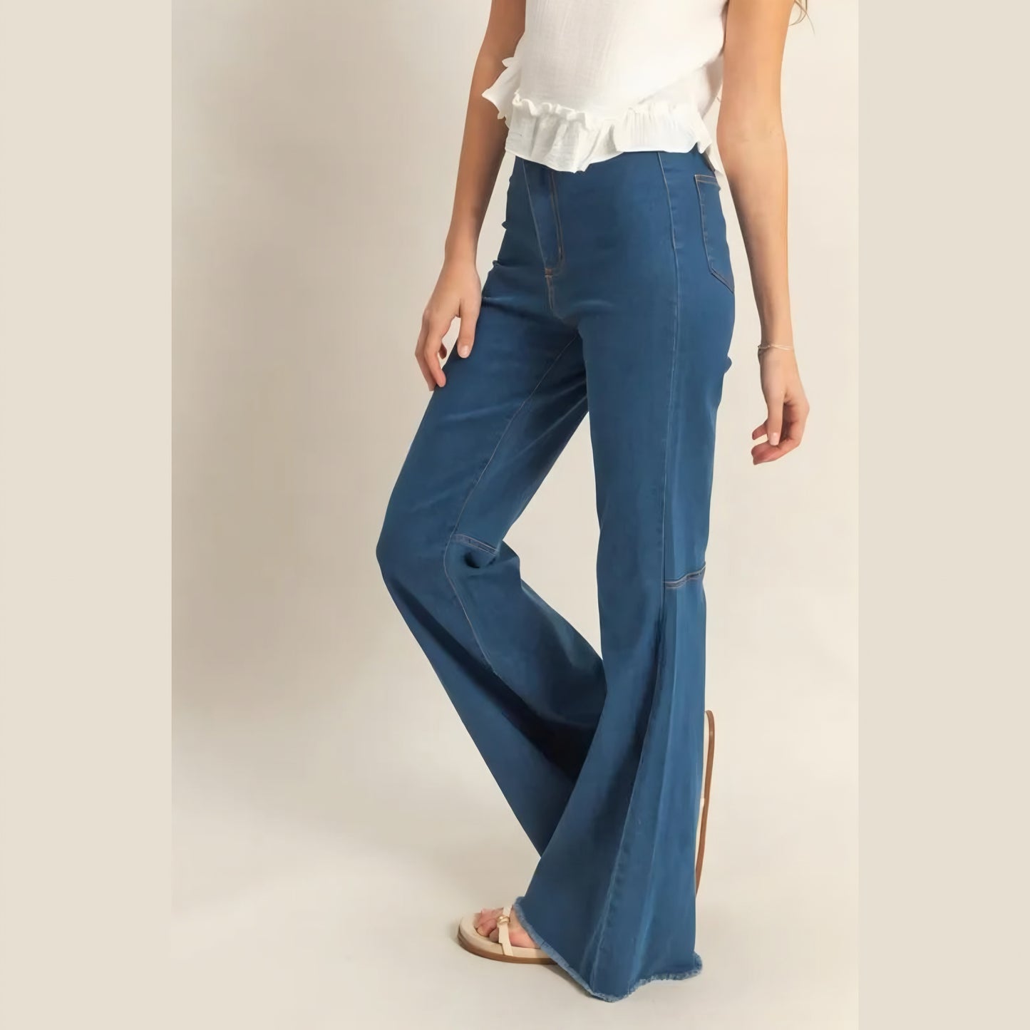 Raw Hem High-Waist Washed Flared Jeans Medium Wash