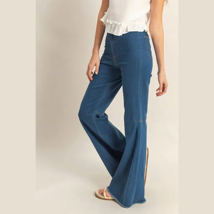 Raw Hem High-Waist Washed Flared Jeans Medium Wash