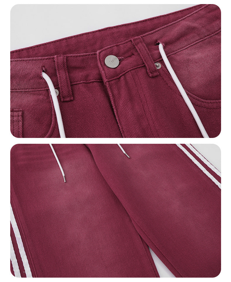 Red Slimming Edge Strip Lace Up Jeans