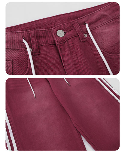 Red Slimming Edge Strip Lace Up Jeans